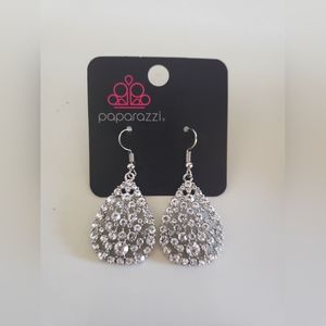 Paparazzi  Silver Tear Drop With White Rhinestones Earrings